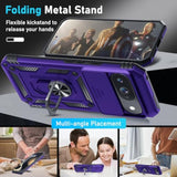 Case Compatible With Google Pixel 9/9 Pro Built In Slide Camera Lens Cover+Screen Protector+Finger Ring Holder Kickstand,Heavy Duty Shockproof Full Body Protective Phone Cover,Purple
