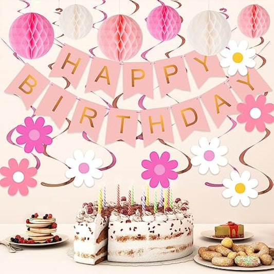 Pink Birthday Decorations - Happy Banner With Honeycomb Ball, Daisy Flower Hanging Swirl Streamer, Circle Dot Garland - Party Decoration For Women Girls