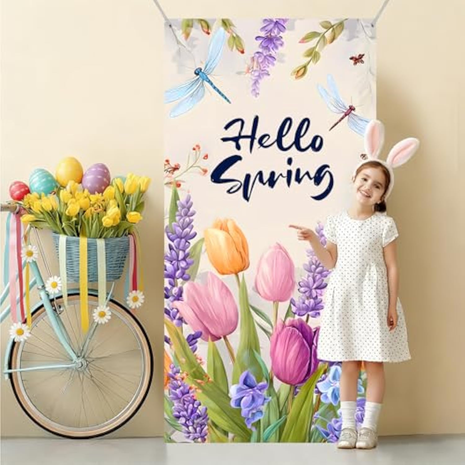 Hello Spring Tulip Door Cover Banner, 35.4 X 70.8 Inch Hanging Spring Banner Backdrop, Porch Sign Outdoor Indoor Front Door Decorations