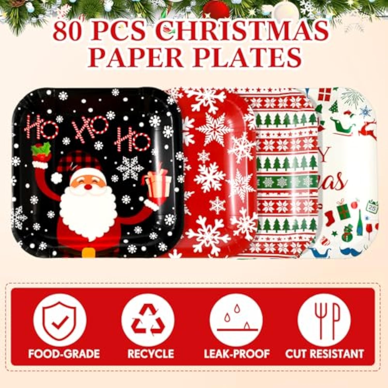 80 Pcs 7Inch Christmas Dessert Plates Christmas Disposable Plates Santa Xmas Square Dinner Plates For Merry Christmas Holiday Party Supplies, 4 Styles