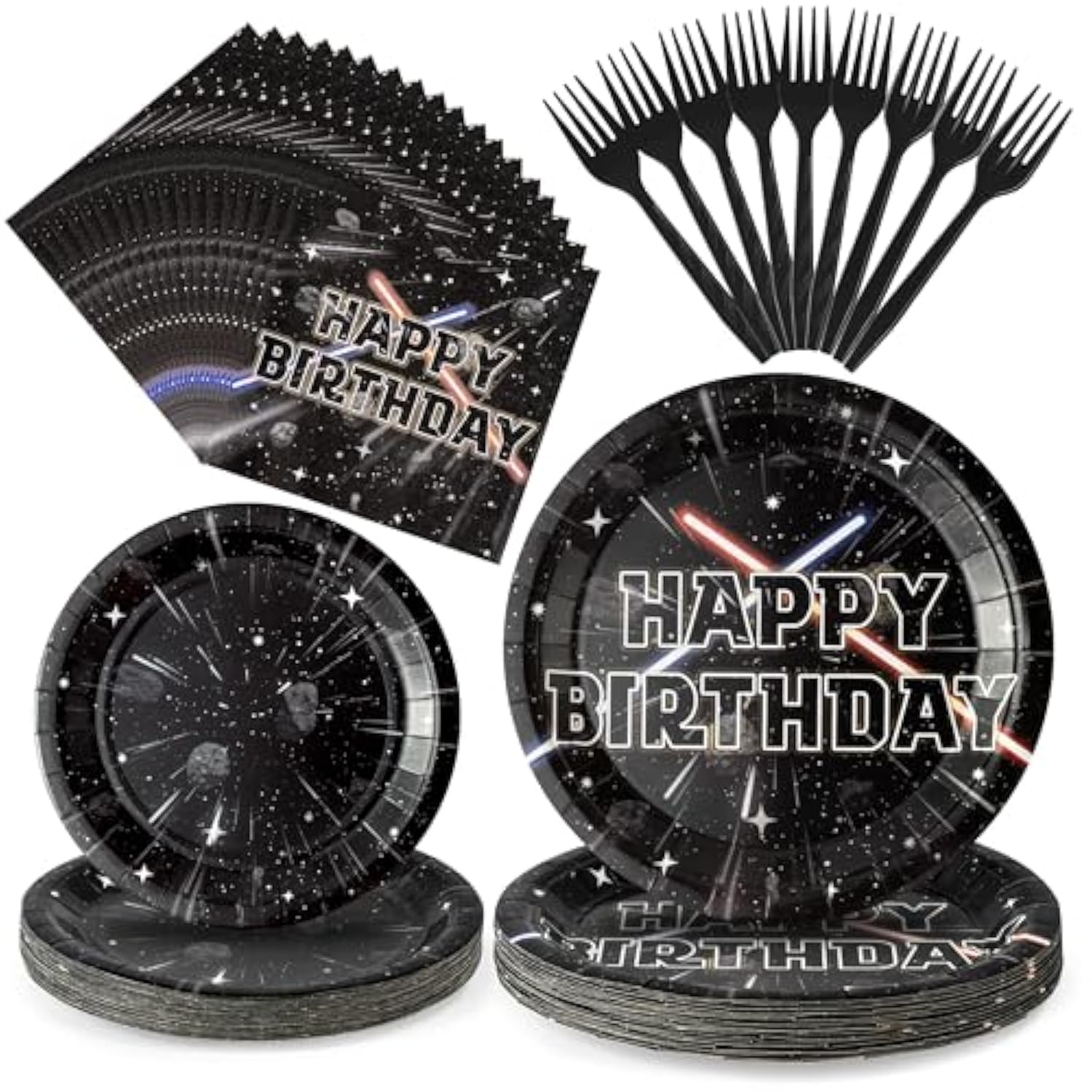 96Pcs Galaxy Movie Star Party Tableware Set, Party Supplies For Kids Birthday School Science Fiction Theme Serves 24 Guests, Disposable Dinnerware Paper Dessert Dinner Plates Napkins Forks