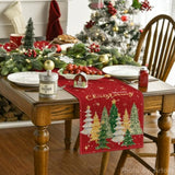 Xmas Trees Merry Christmas Table Runner, Seasonal Winter Red Kitchen Dining Table Decoration For Home Party Decor 13X72 Inch