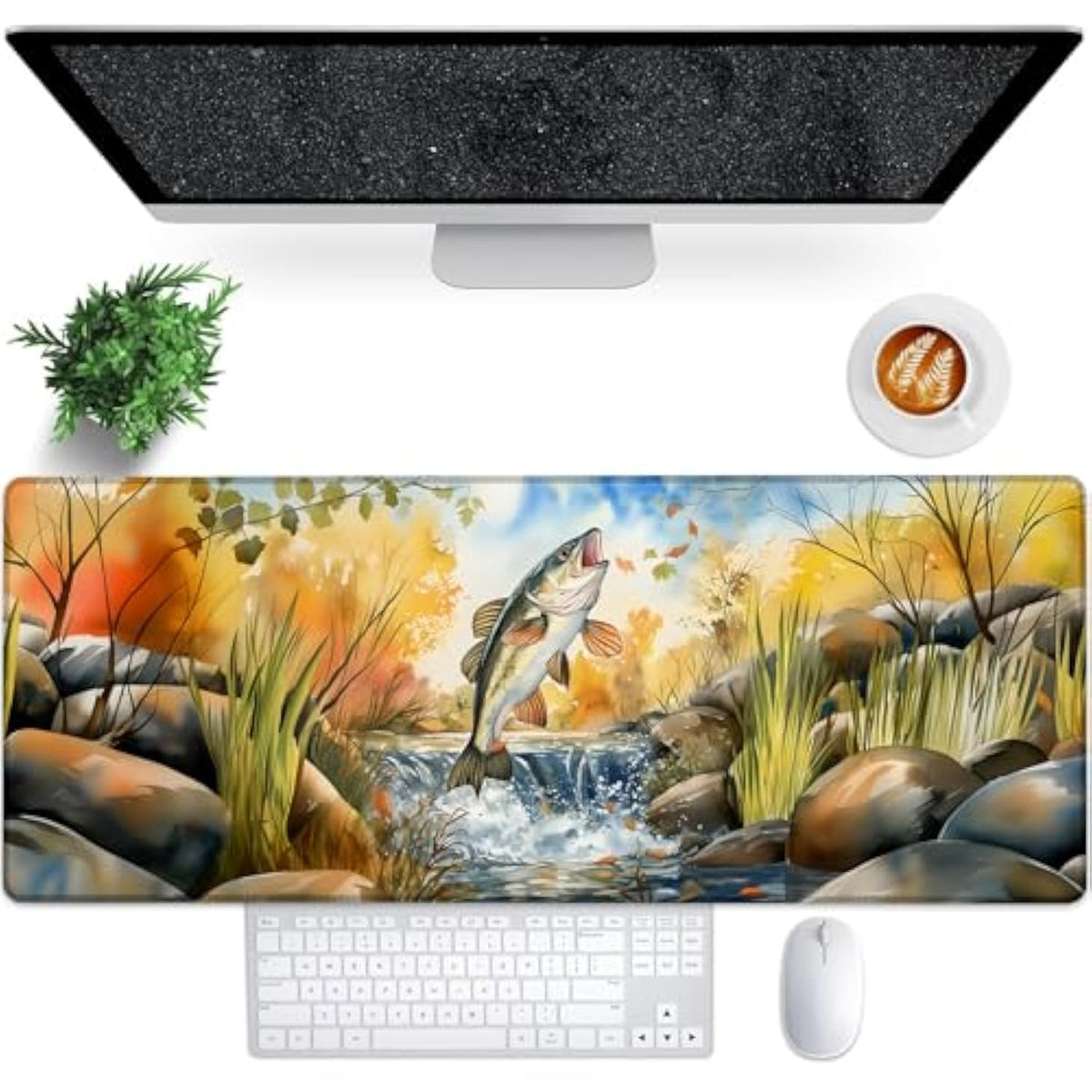 Jumping Fish Gaming Mouse Pad, 31.5"×11.8" Extended Desktop Autumn Fishing Scene Mouse Pads For Keyboard Laptop Computer, Large Desk Mat With Stitched Edges For Work Office Desk Decor