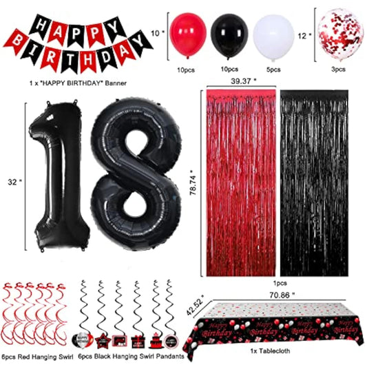 18Th Birthday Decorations For Boys Girls, Red And Black Happy 18Th Birthday Balloons Banner Number 18 Balloons Hanging Swirls Tablecloth Foil Fringe Curtains For 18 Year Old Birthday Party Decorations