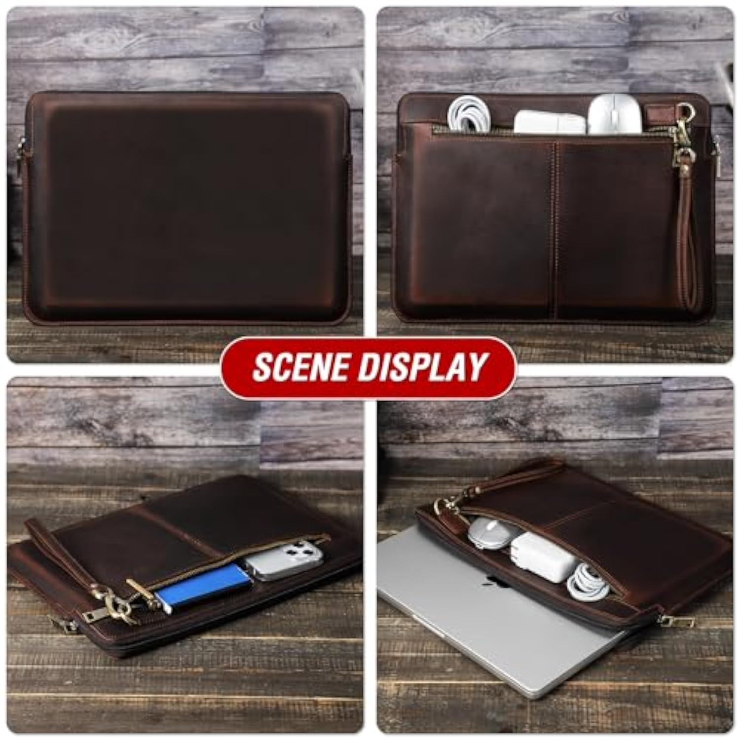 Top Grain Leather 14.2" Laptop Case Bag, Zip Pockets Design, Compatible With Macbook Air 13" M2 A2681 M1 A2337 A2179 A1932/Pro 13" M2 M1 A2338 A2251 A2289 A2159 A1989 A1706, Coffee 14.2 Inch