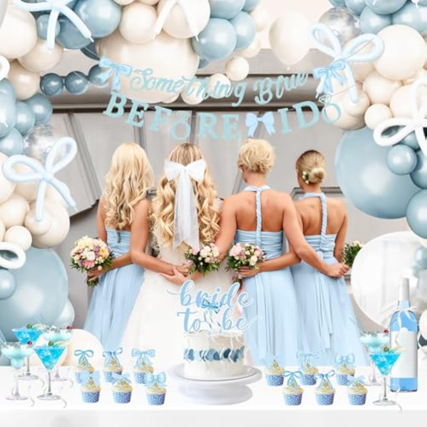 Something Blue Before I Do Bridal Shower Party Decorations Blue Bow Bachelorette Party Supplies Coquette Bow Balloon Arch Kit, Bride To Be Cake Topper, Glitter Banner Pearl Veil For Engagement Wedding