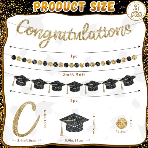 Pre-Strung Congratulations Banner, 2026 Graduation Banners, Class of 2026 Black Gold Glitter Congrats Grad Party Decor College High School Graduation Party (NO-DIY)