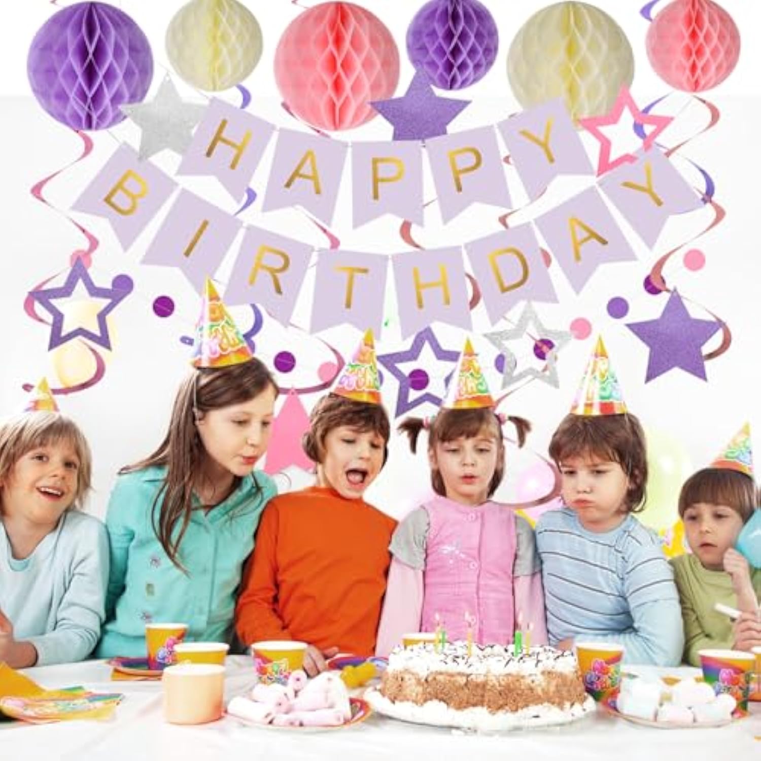 Purple Happy Birthday Party Decorations – Banner, Honeycomb Balls, Swirls & Garland for All Ages
