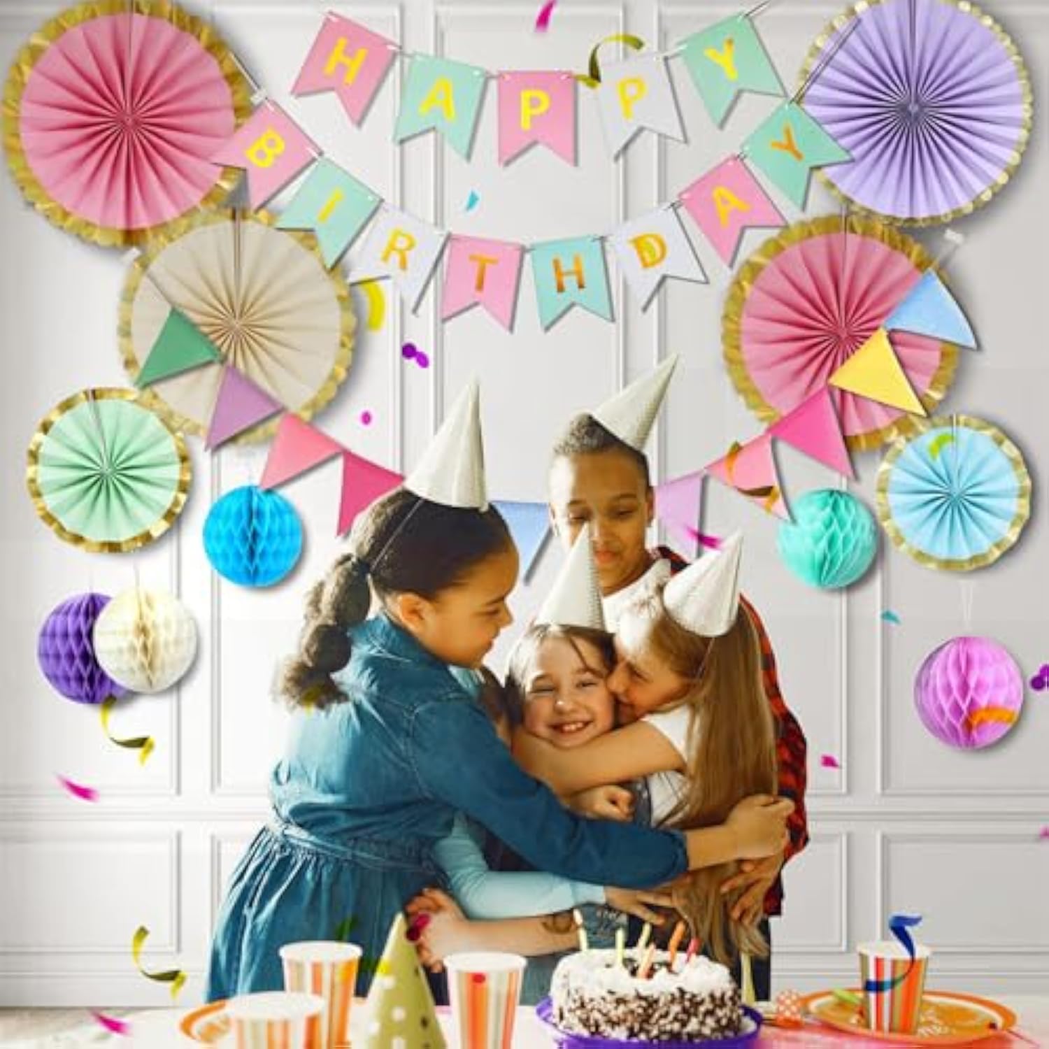 Pastel Birthday Party Decorations Macaron Banner, Paper Fans & Honeycomb Decor