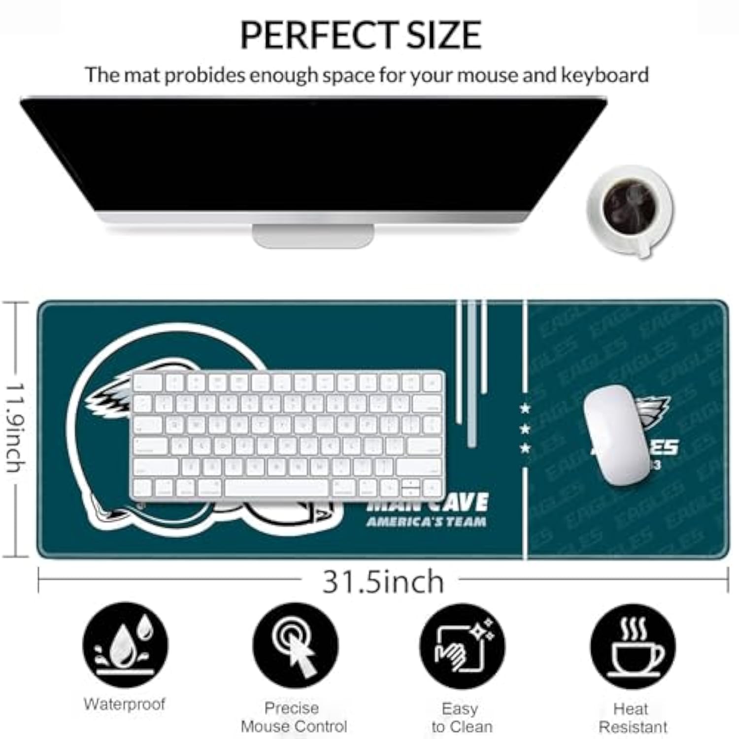 Large Gaming Mouse Pad, Extended Desk Mousepad With Stitched Edges, Football Computer Keyboard Pad,Dark Green Design For Sport Fans, 31.5 X 11.8 In