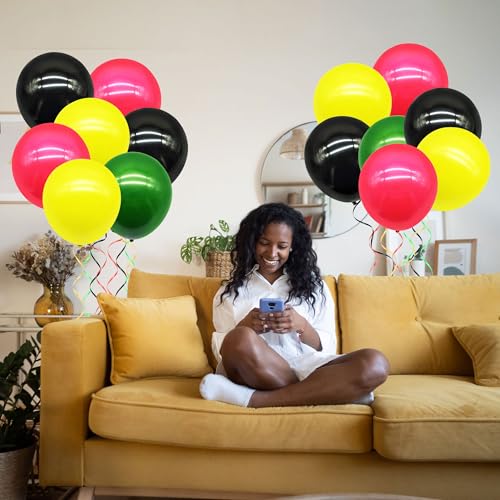 100 Pieces 12 Inch Black History Month Juneteenth Balloons, Red Yellow Green Black Balloons Decoration with Ribbons for Black History Month Juneteenth Freedom Day Party Favors