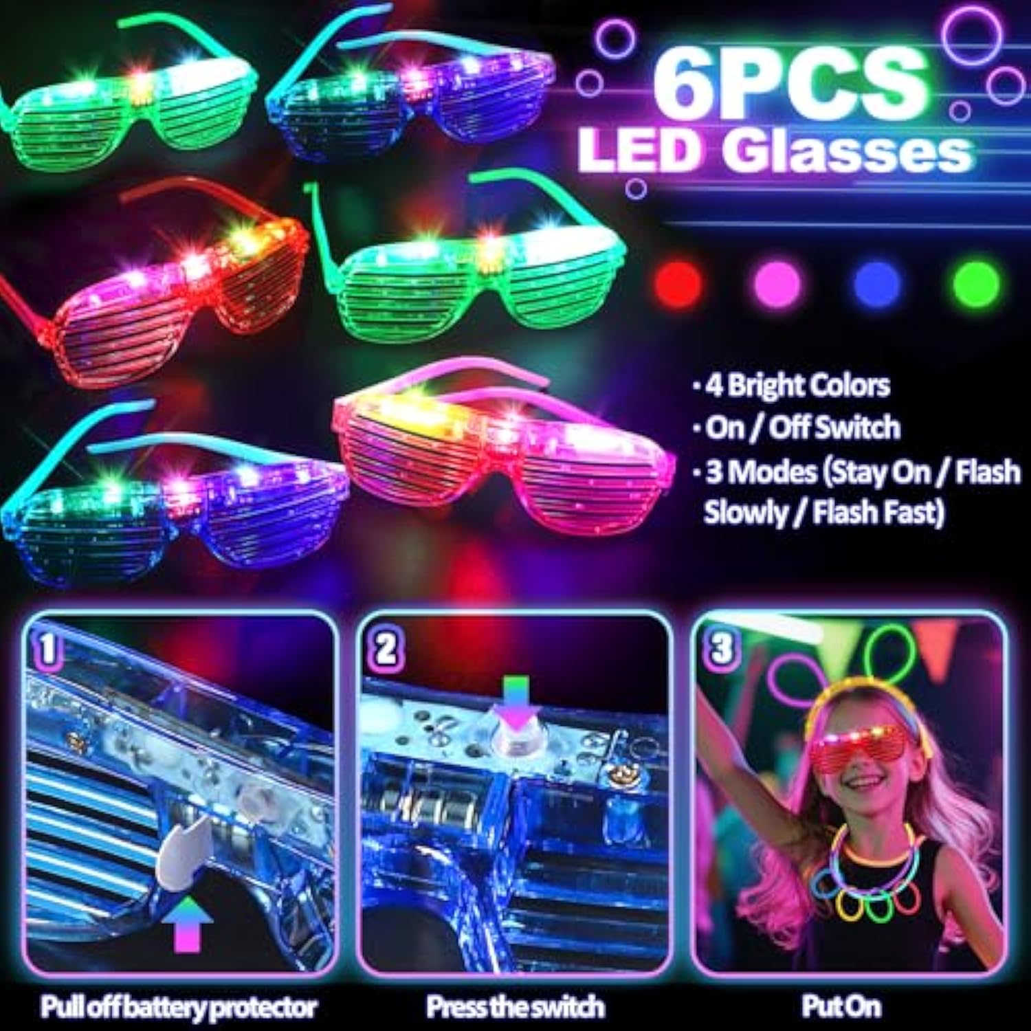 Glow In The Dark Party Supplies For Kids Adults, 128Pcs Light Up Party Favors With Led Glasses, Led Hair Clips,Finger Lights, Rings, Glow Sticks, Neon Bracelets Headbands Molds For Halloween Raves