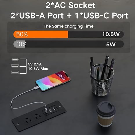 Flush Mount Power Strip USB C Charging Station Hidden Outlet Extender Black
