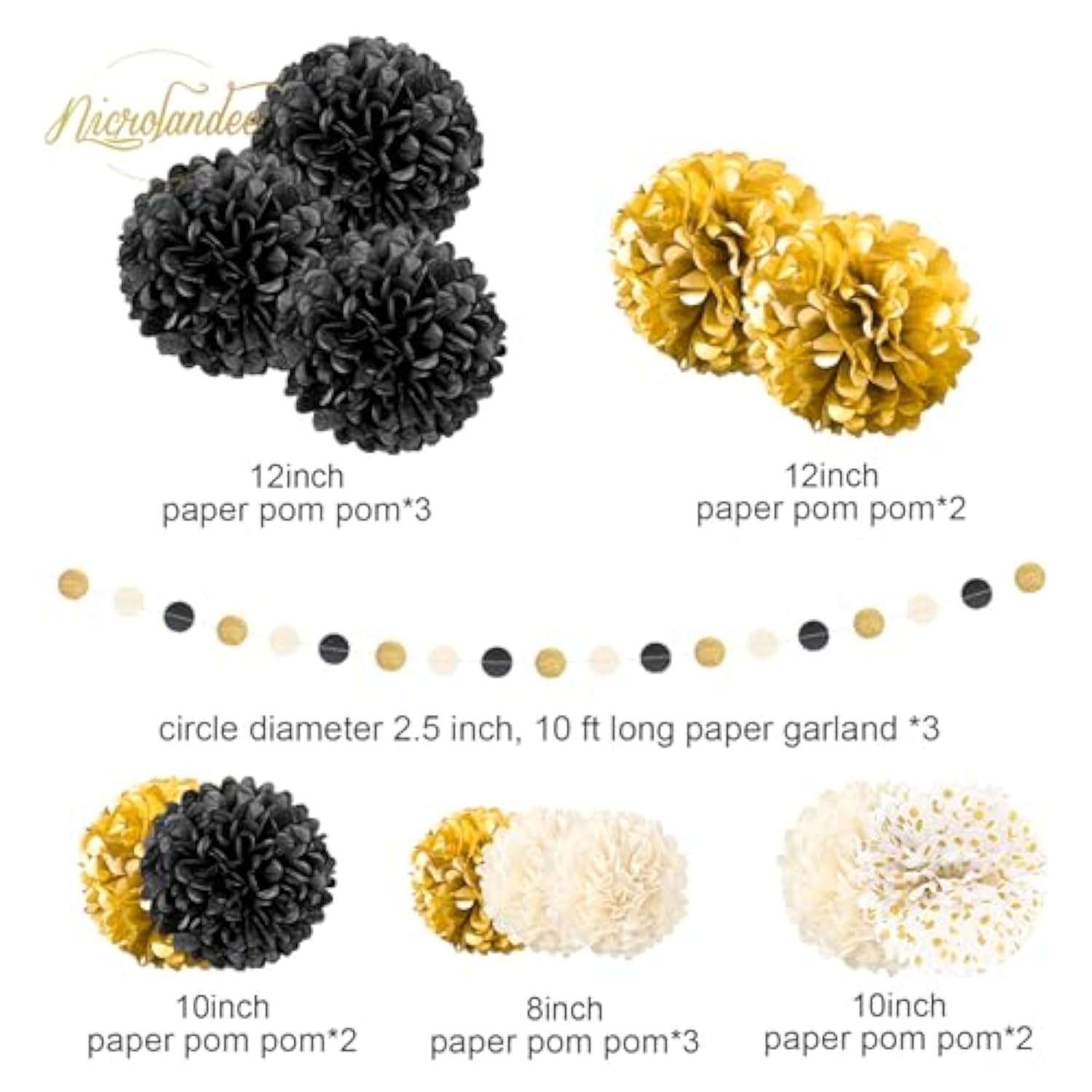 15pcs Black Gold Tissue Paper Pom Poms for 2026 New Year Party Decorations