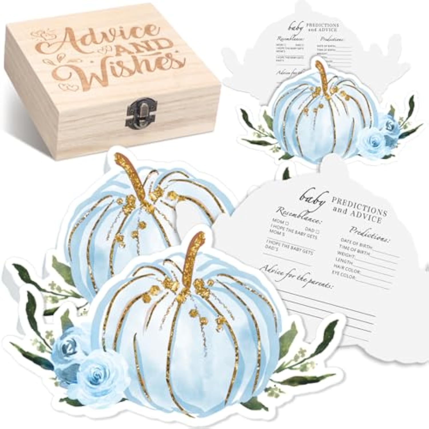 50 Pcs Double Side Fall Blue Pumpkin Baby Prediction And Advice Game Cards A Little Pumpkin Is On The Way Decoration With Wooden Keepsake Box Thanksgiving Day Shower Game Cards