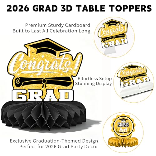 Class of 2026 Graduation Decorations, 12 Pack Black and Gold Honeycomb Centerpieces for Tables, Congrats Grad Table Centerpieces for School Graduation Party Supplies 2026