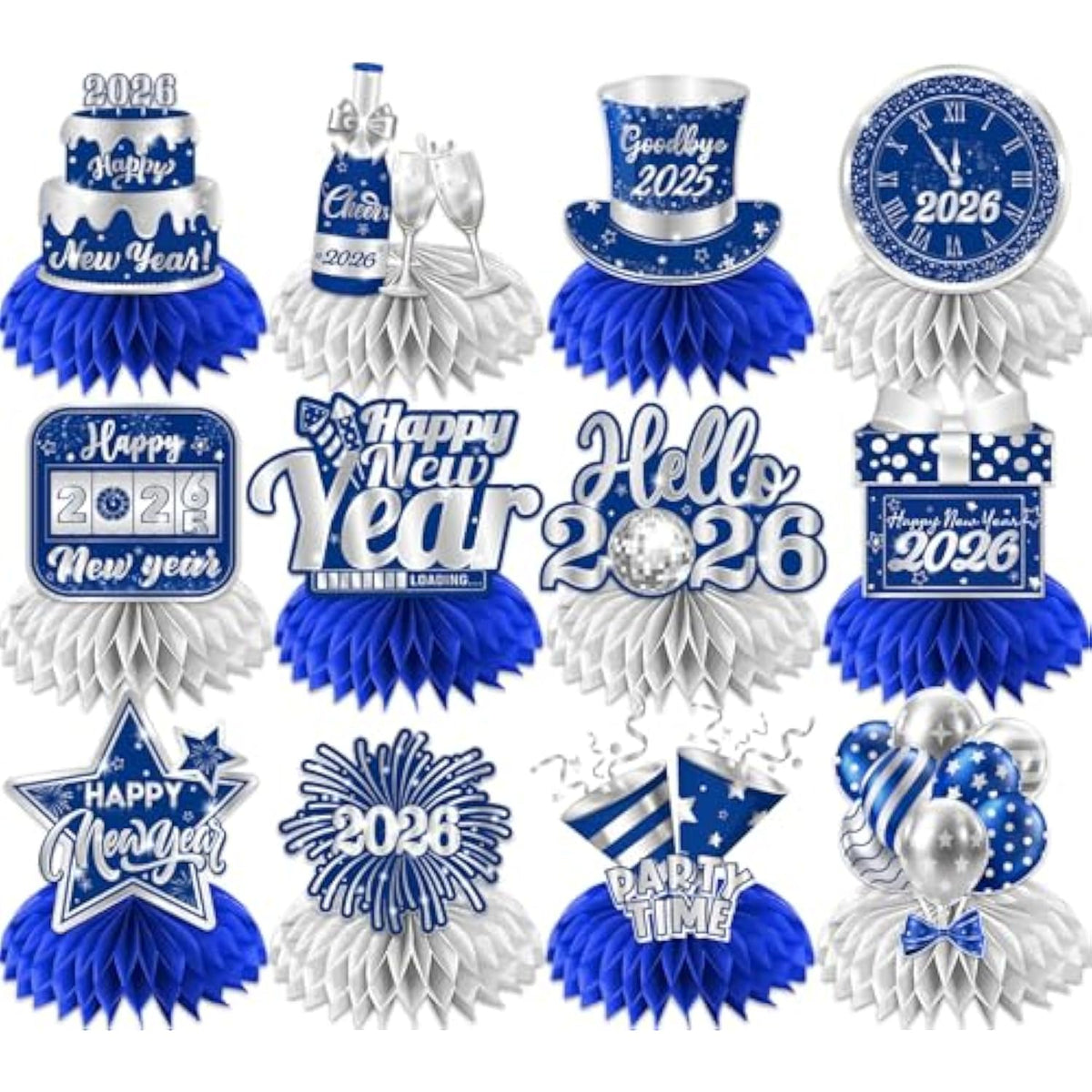 12pcs Blue Silver New Year 2026 Honeycomb Table Centerpieces for NYE Party