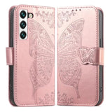 Galaxy S22 5G Wallet Case, [Butterfly & Flower Embossed] Pu Leather Wallet Case Flip Protective Phone Cover With Card Slots And Kickstand For Samsung Galaxy S22 6.1-Inch (Rose Gold)