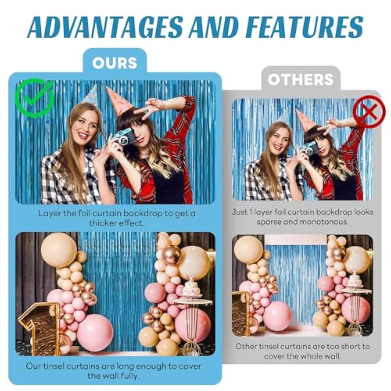 10pcs Aquamarine Foil Fringe Curtain Metallic Streamer Party Backdrop Decorations