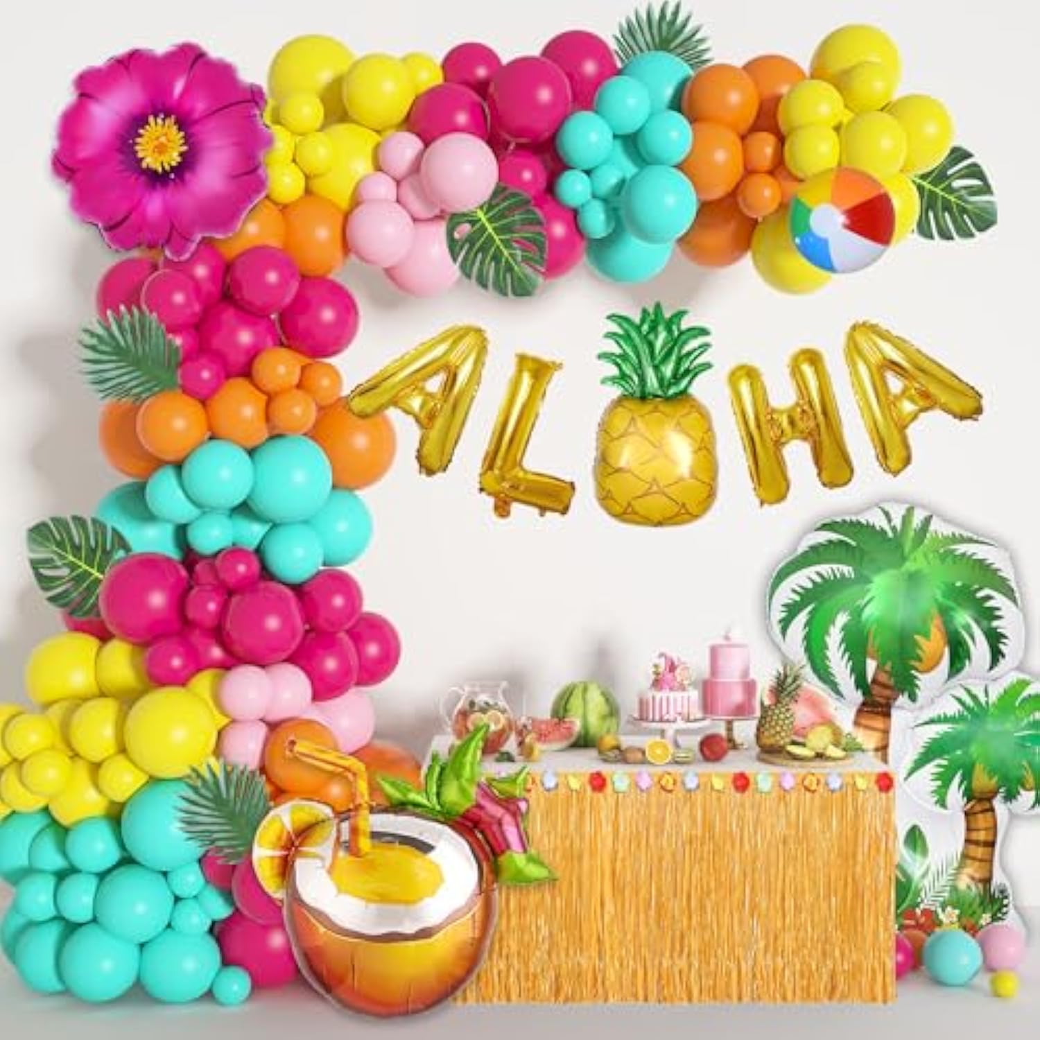188-Pc Tropical Aloha Balloon Arch Kit with Pineapple, Coconut & Palm Decor