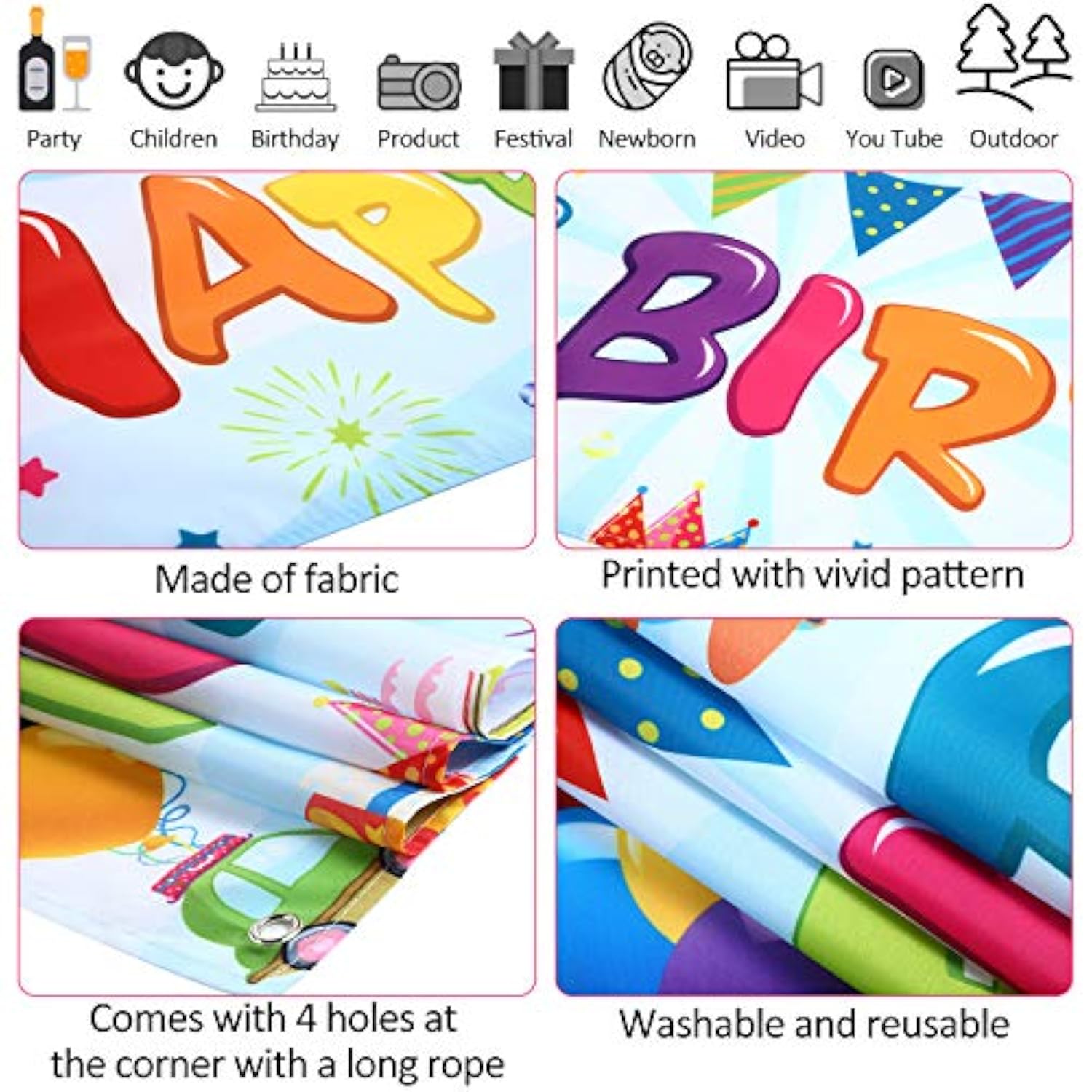 Colorful Happy Birthday Banner, Large Fabric Happy Birthday Sign Backd