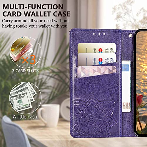 For Galaxy A16 5G Phone Case Wallet,Women Flip Cover With Credit Card Holders Butterfly Embossed Pu Leather Stand Wrist Strap Purse Protective Case (Purple)
