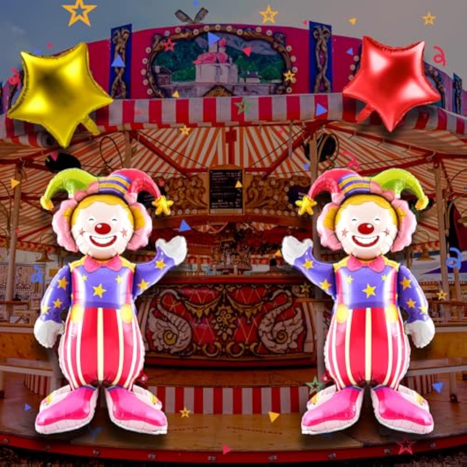 2 Pcs 3D Self Standing Clown Balloons 60 Inch 2 Pcs Star 10 Inch Carnival Party Decorations Circus Clown Aluminum Foil Balloons For Carnival Birthday Themed Parties