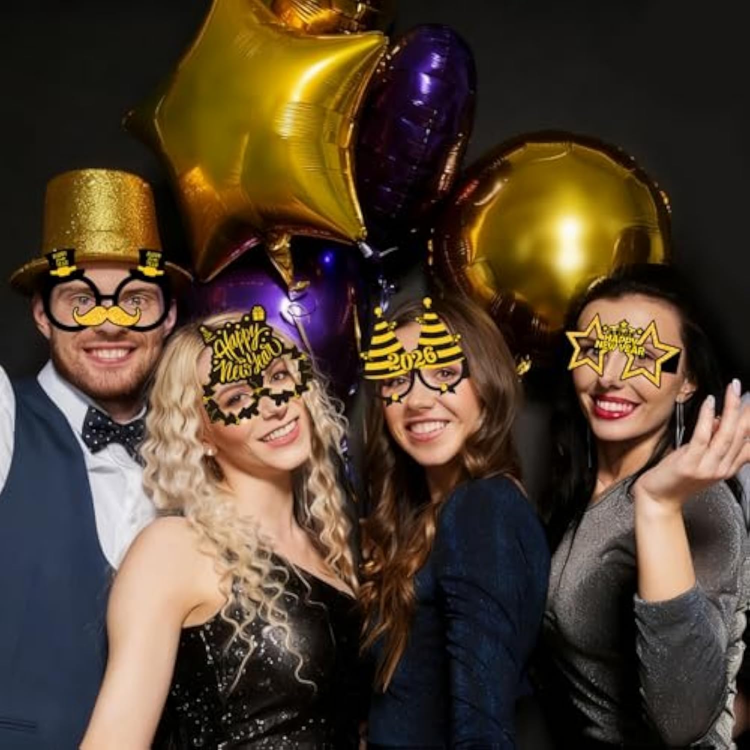 16-Piece Happy New Year 2026 Paper Glasses in Black and Gold for Party Decor