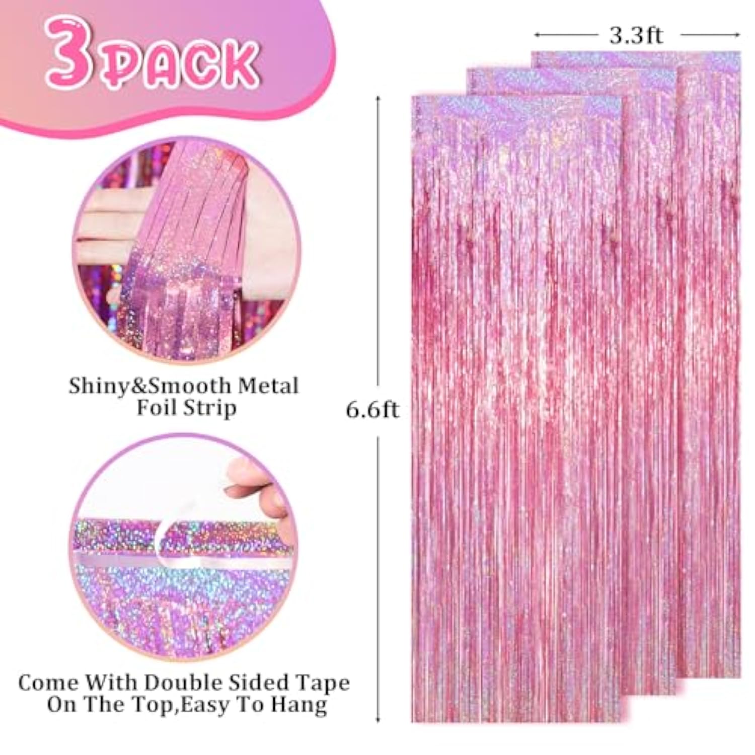3.3 X 6.6 Ft Foil Fringe Backdrop Curtains, Tinsel Streamers Party Decorations, Fringe Backdrop For Birthday, Baby Shower, Gender Reveal, Graduation (3, Pink)