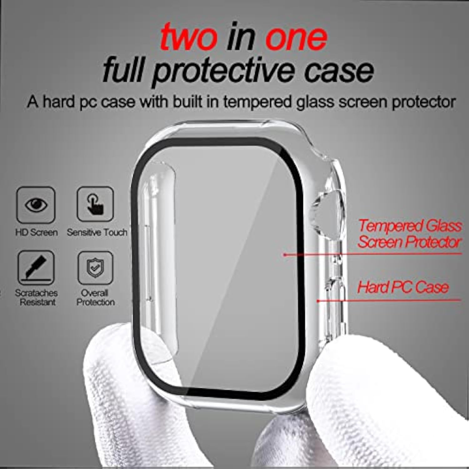 2 Pack Case Compatible with Apple Watch Series 9/8/7 41mm with Tempered Glass Screen Protector and Hard PC Overall Protective Cover - Transparent