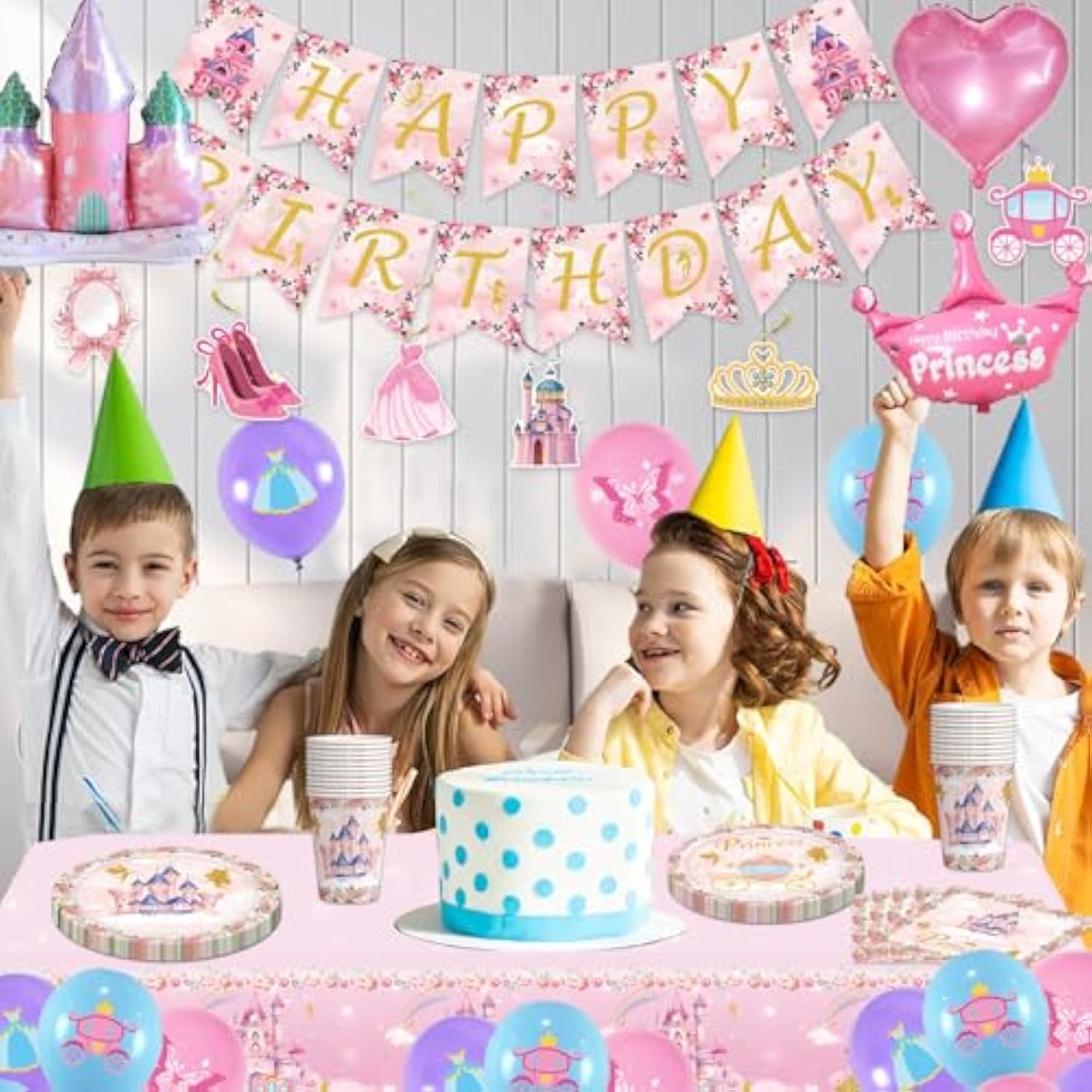 Princess Birthday Party Decorations Princess Plates And Napkins Party Supplies - Happy Birthday Banner, Castle Crown Foil Balloons, Disposable Tablecloth, Cups Sets For Girls Women, Serve 16