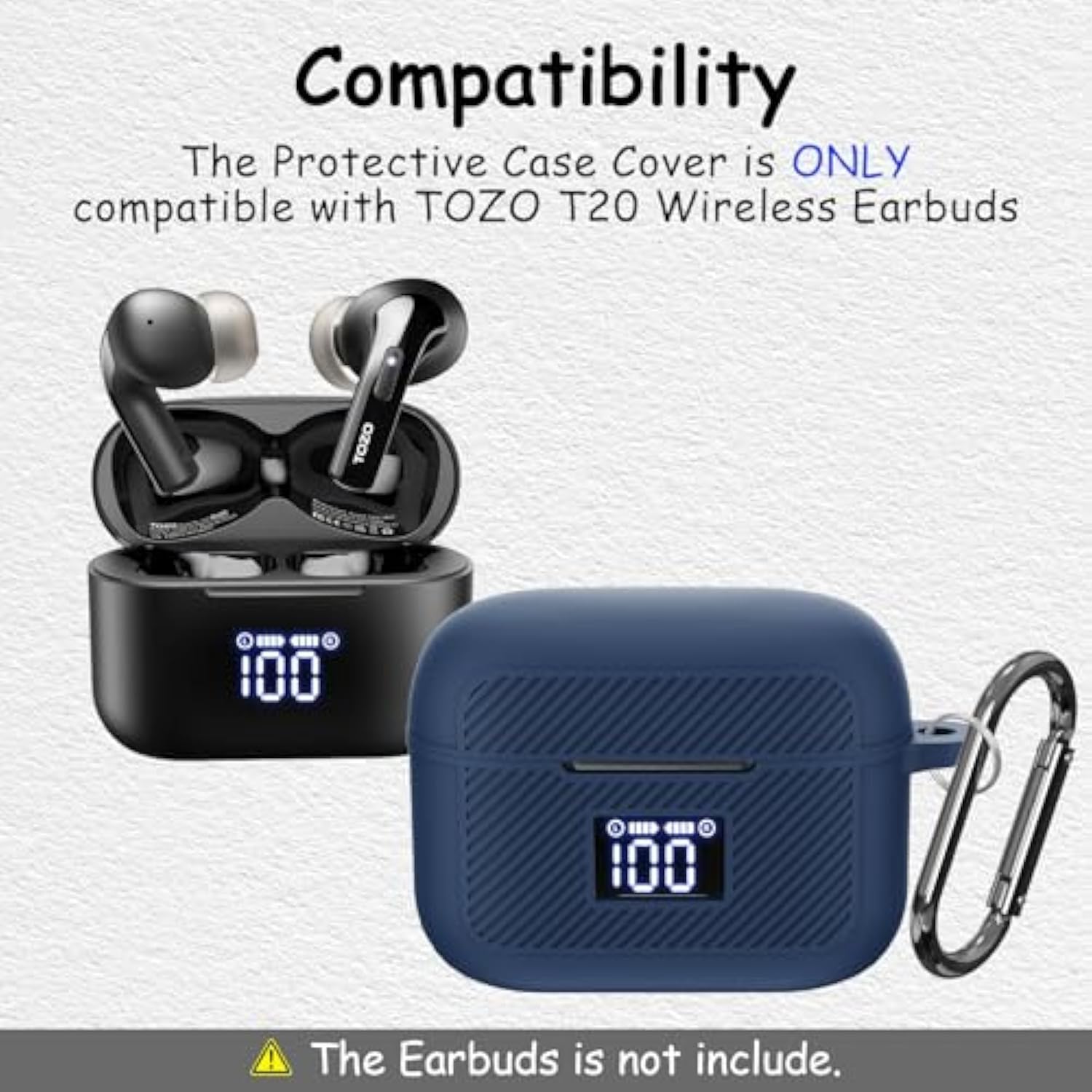 Compatible With Tozo T20 Case Cover, Soft Silicone Skin Case With Keychain, Shock Absorbing And Anti-Drop Protective Case With Led Power Display For Men And Women [Front Led Visible] Dark Blue