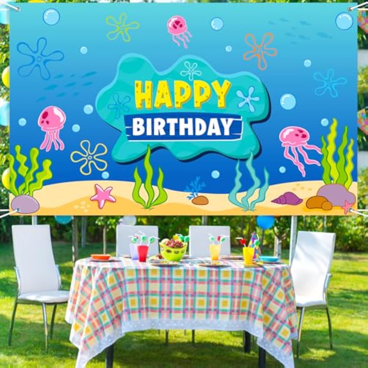 Under the Sea Birthday Banner Backdrop 73x43 Inch for Party or Photo Decor
