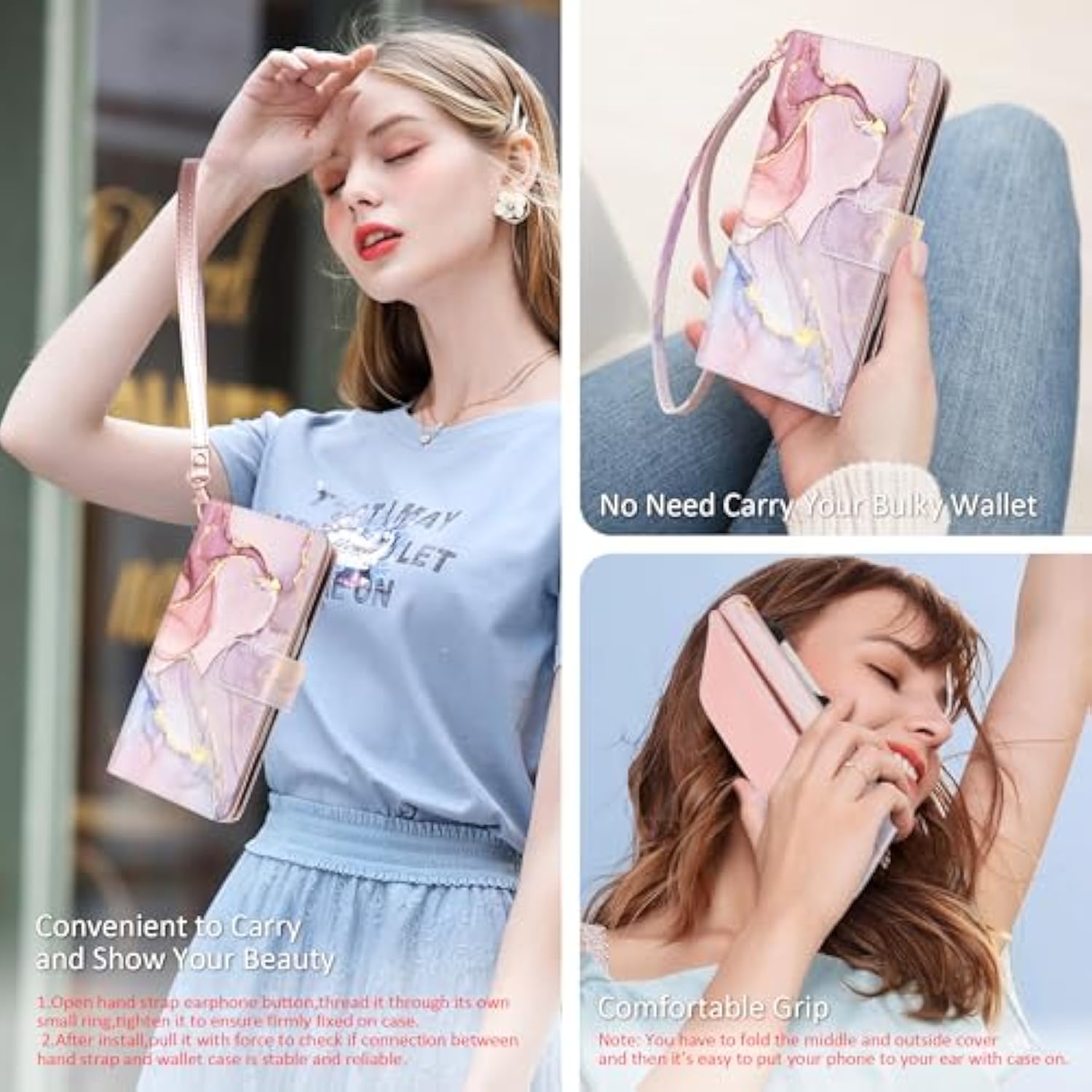 iPhone 16 Wallet Case, Marble Rose Gold PU Leather, 9 Card Slots, Shockproof