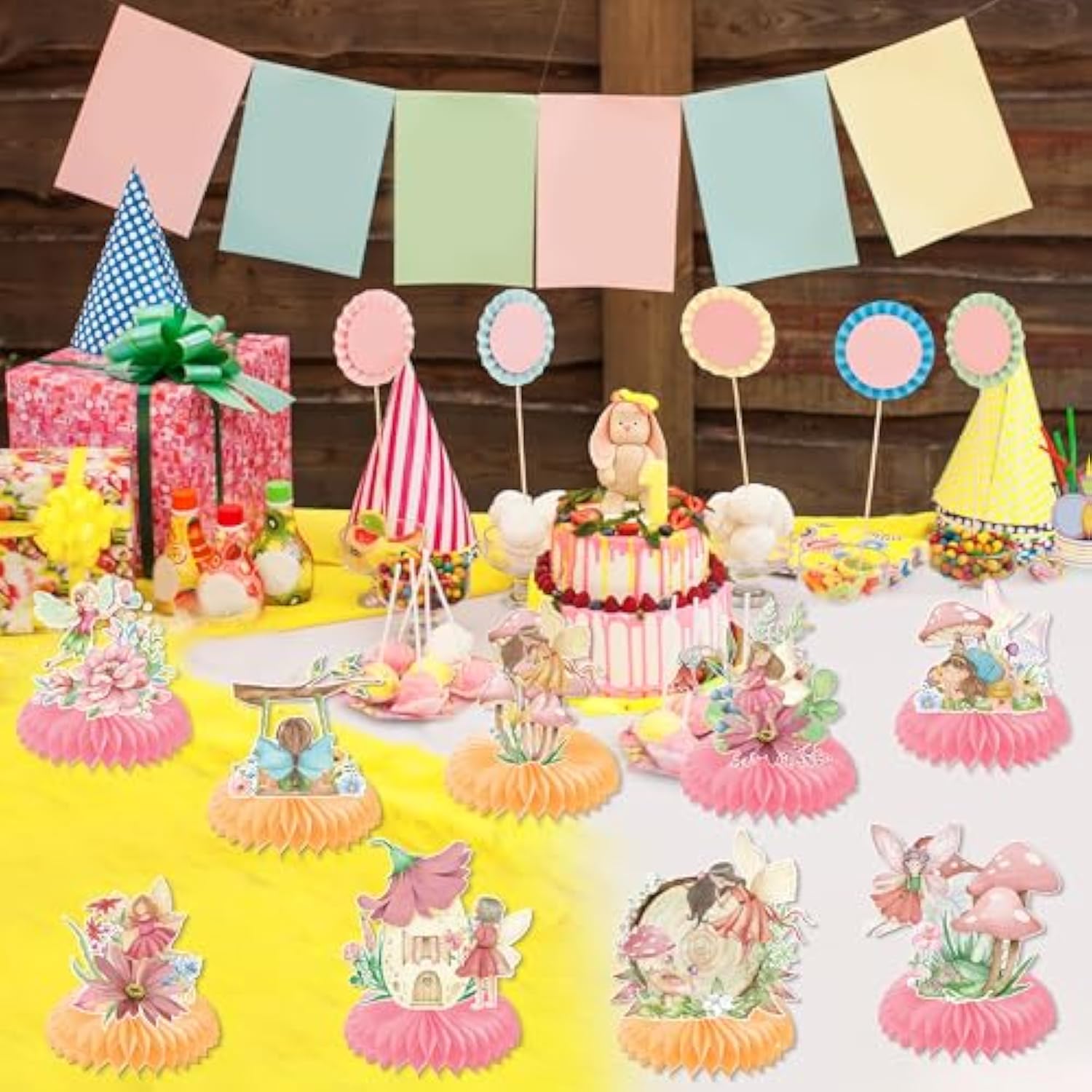 Fairy Honeycomb Centerpieces Birthday Decorations - 9Pcs Fairy Party Centerpieces For Table, Butterfly Flower Fairies Theme Party Decorations, My Fairy First Birthday Baby Shower Supplies