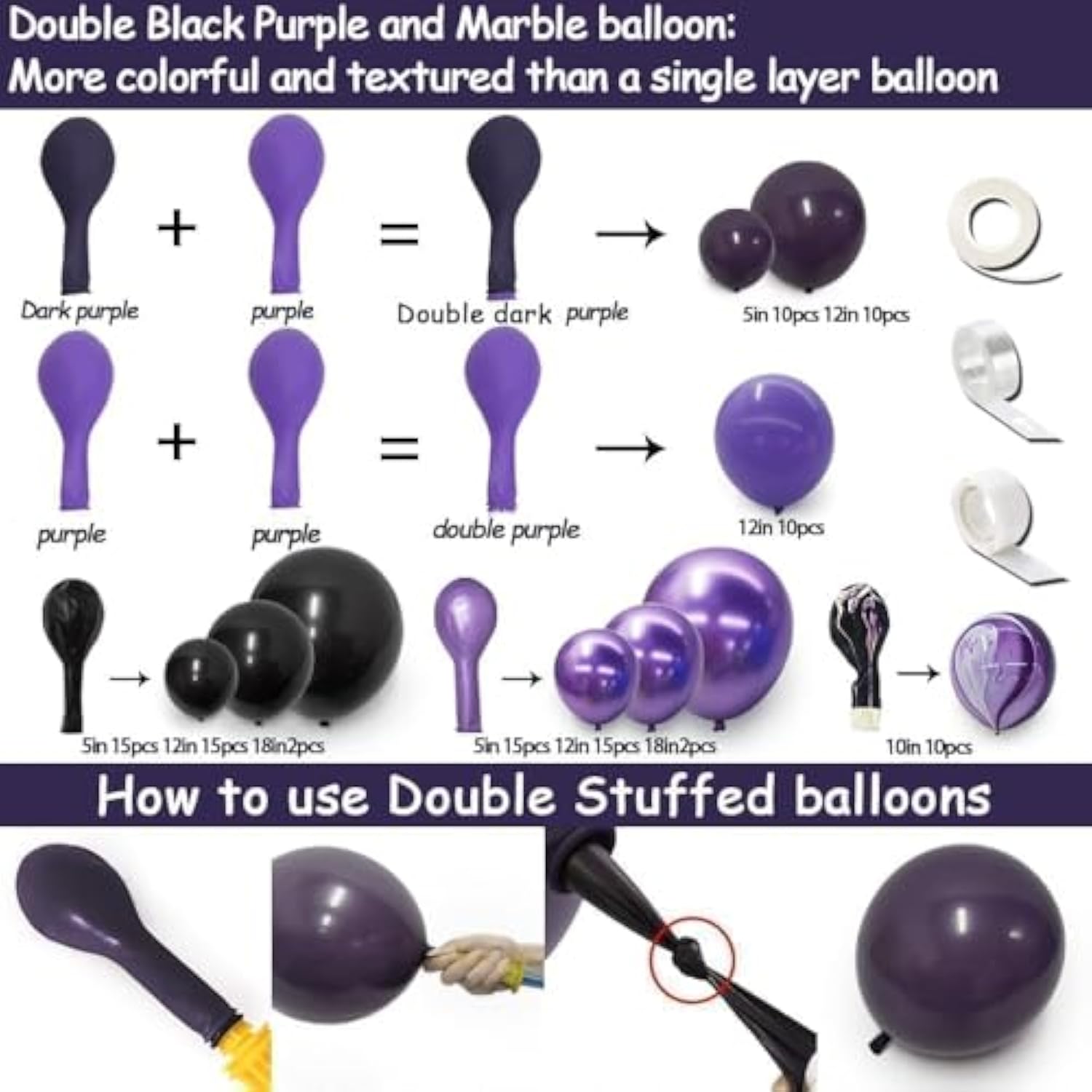 Black & Purple Balloon Garland with Metallic and Double Stuffed Balloons for Party