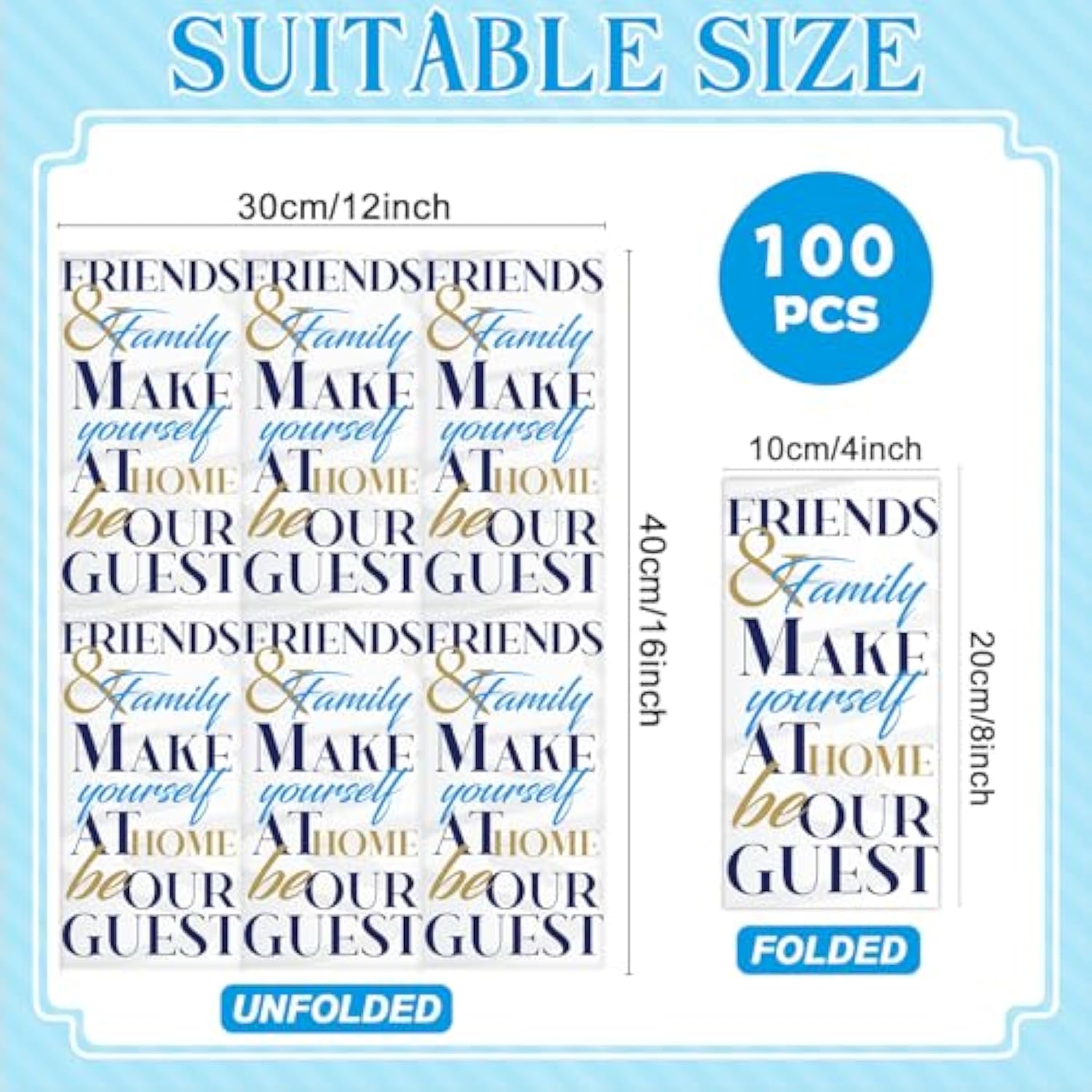 100 Pack Friends & Family Guest Towels Disposable 2-Ply Hand Towels Dinners Hand Napkins Soft Paper Napkins Absorbent Party Towels For Home Kitchen Bathroom Wedding Shower Parties Supplies 8" X 4"
