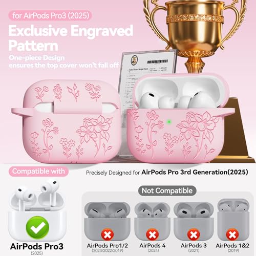 for AirPods Pro 3 Case Pink, Flower Engraved Case with Cleaner Kit & Keychain for  AirPods Pro 3rd Generation 2025, Soft Silicone iPod 3 Cover