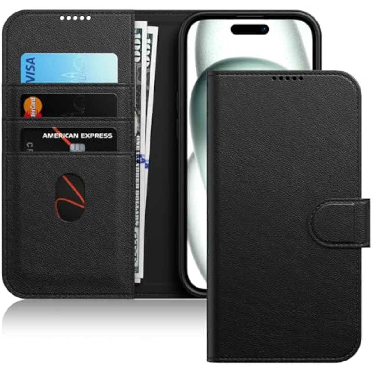 JETech Wallet Case for iPhone 15 6.1-Inch, Shockproof PU Leather Magnetic Flip Cover with Card Holder, Stand Feature and Full Camera Protection (Black)