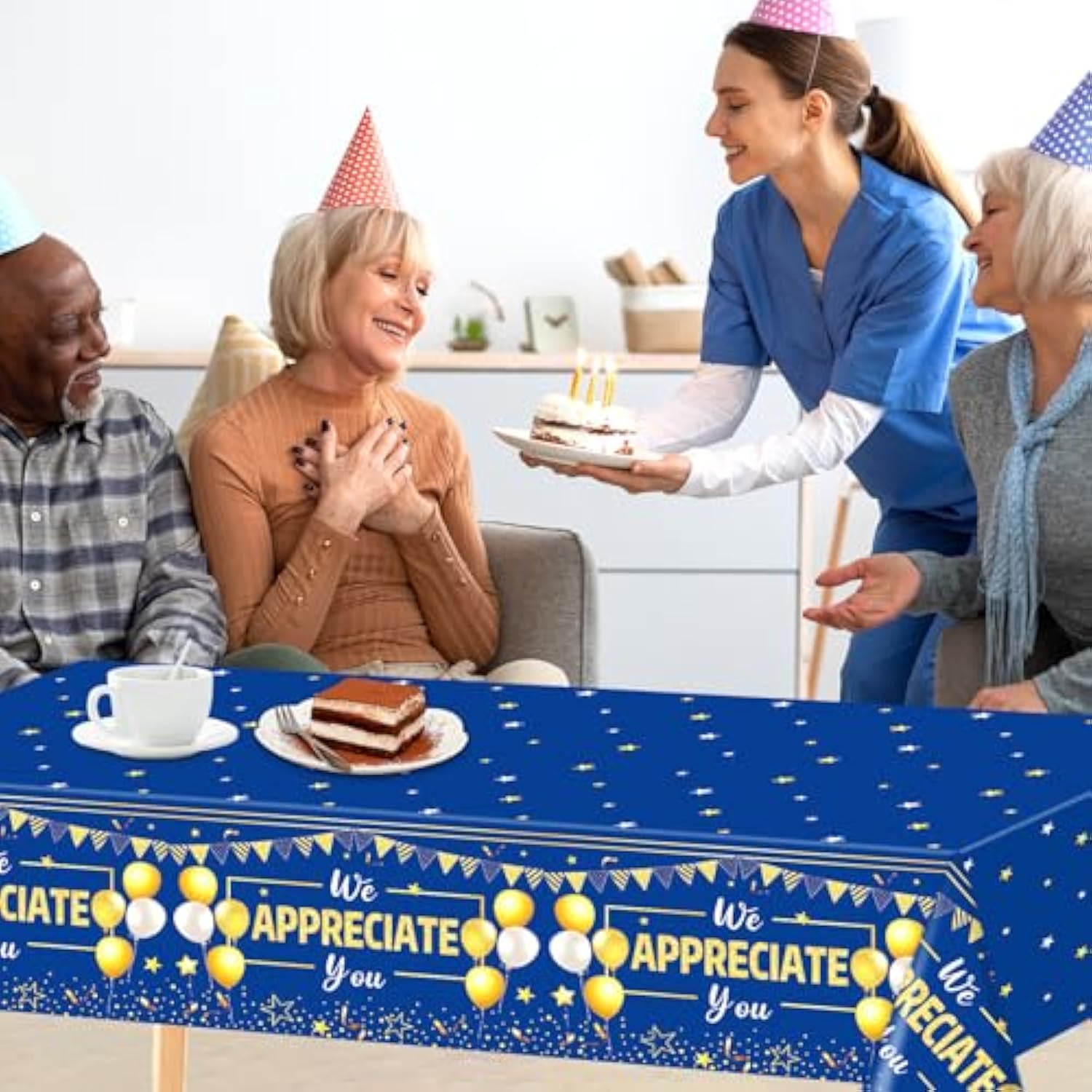 3Pcs We Appreciate You Table Cloths Thank You Decorations For Work Anniversary Party Disposable Plastic Blue Gold Table Cover For Coworker Employee Volunteer Teacher Appreciation Office Supplies Favor