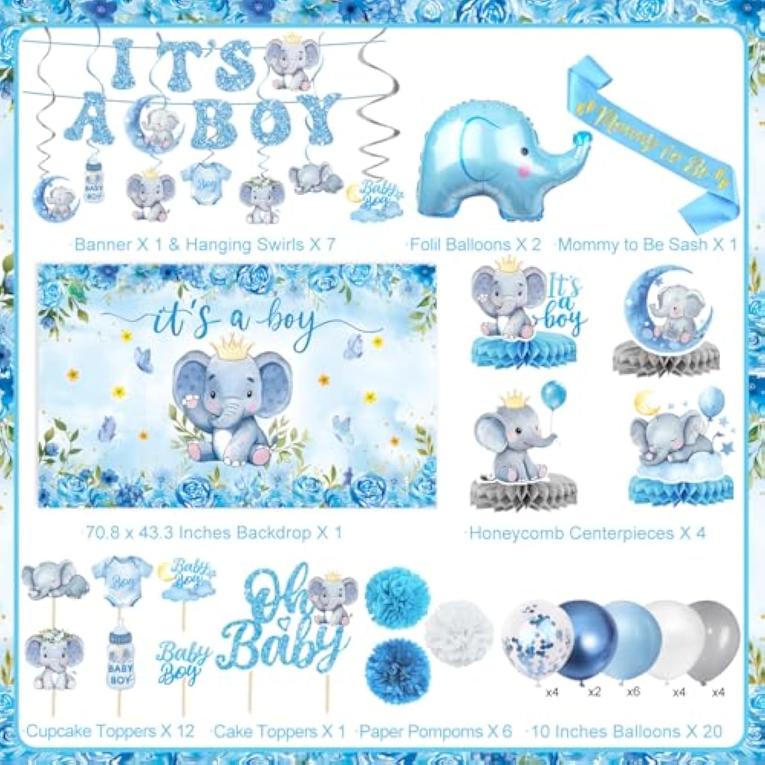 Elephant Baby Shower Decorations Banner, It'S A Boy Backdrop, Foil & Latex Balloons, Mommy To Be Sash, Cake & Cupcake Toppers, Honeycomb Centerpieces, Hanging Swirls For Boy Baby Shower Decorations