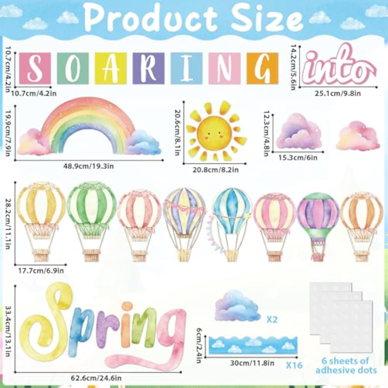 39Pcs Spring Bulletin Board Decorations Soaring Into Spring Classroom Bulletin Board Set Hot Air Balloon Rainbow Paper Cutouts For Classroom School Office Home Nursery Chalkboard Door Wall Decor