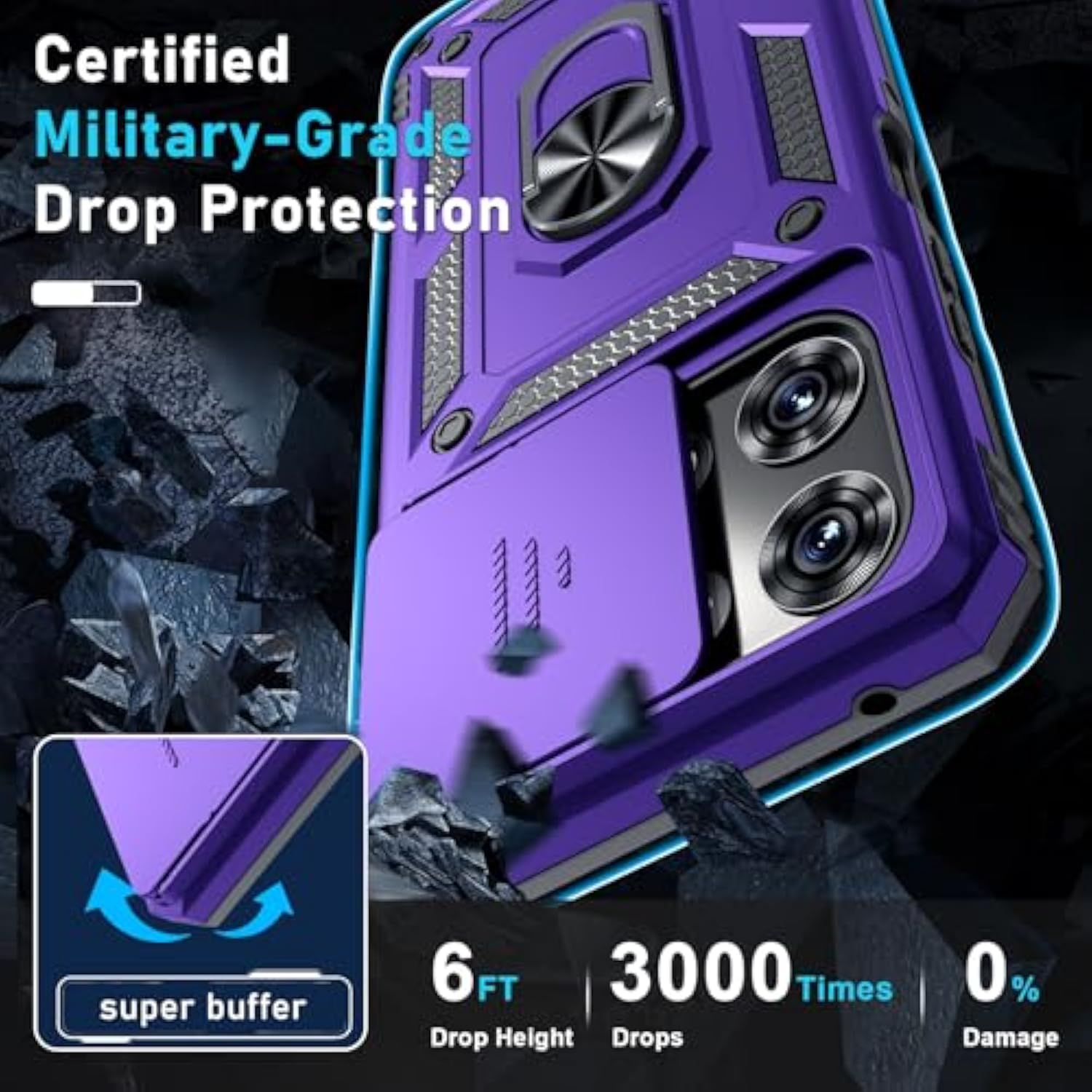Compatible With Moto G Power 5G 2025 Case Built In Slide Camera Lens Cover+Screen Protector+Finger Ring Holder Kickstand,Heavy Duty Shockproof Full Body Protective Phone Cover,Purple