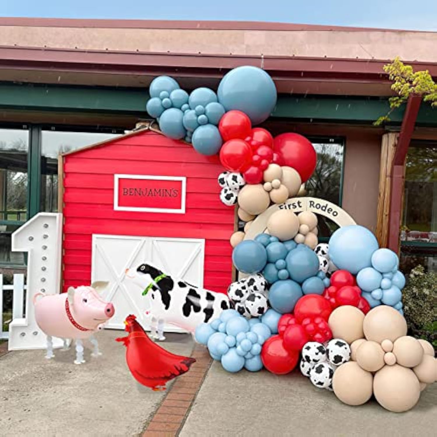 Cow Balloon Garland Arch Kit With Red And Blue Farm Animal Print Balloons For My First Rodeo Party Farm Barn Themed Birthday Decorations