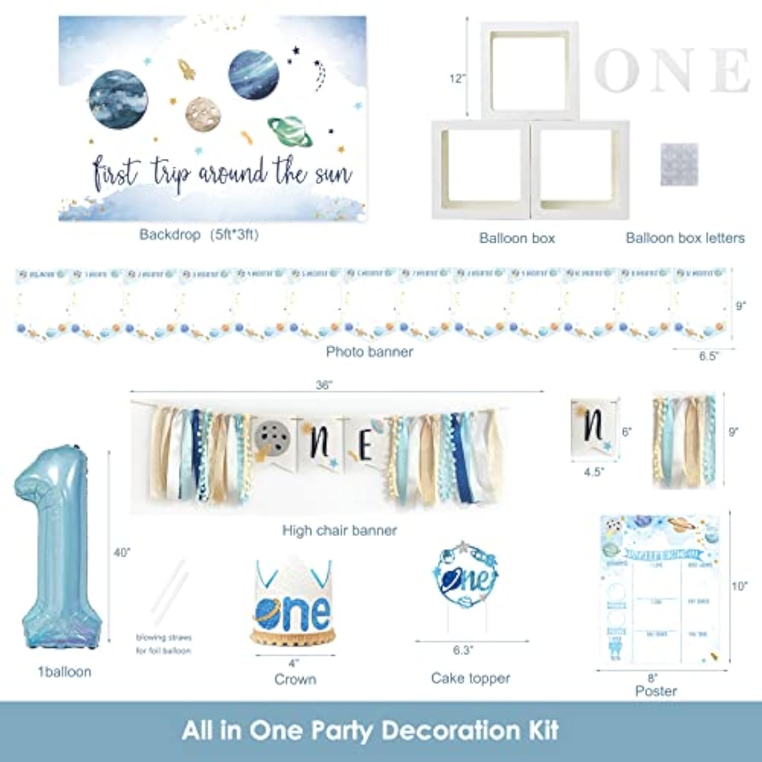 First Trip Around the Sun Space-Themed 1st Birthday Party Decorations for Boys & Girls