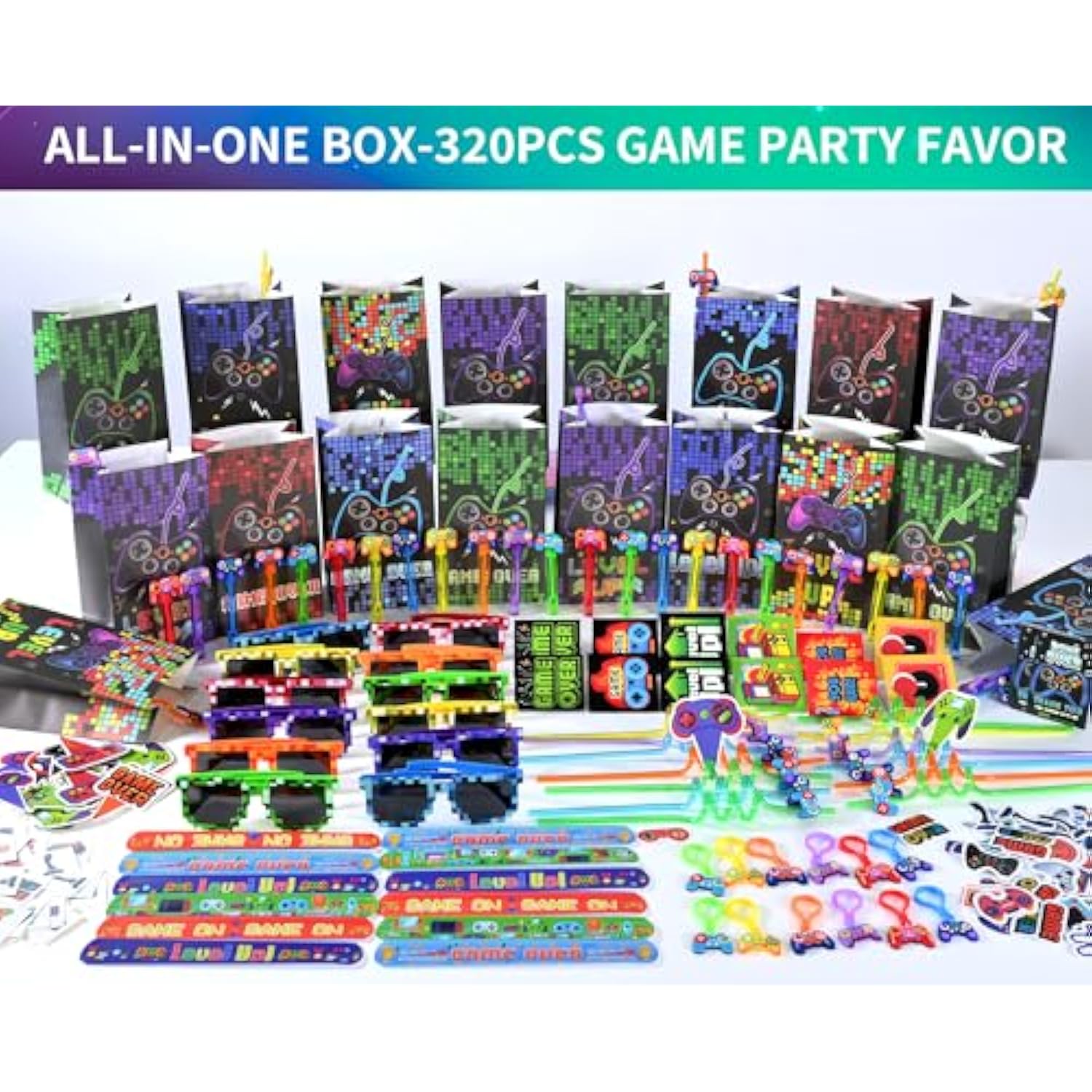 320Pcs Video Game Party Favors For Kids-Including Goodie Bags, Glasses, Straws, Bubble Wands, Stickers, Cake Toppers, Tattoos & More-Perfect For Theme Party Decorations & Piñata Fillers