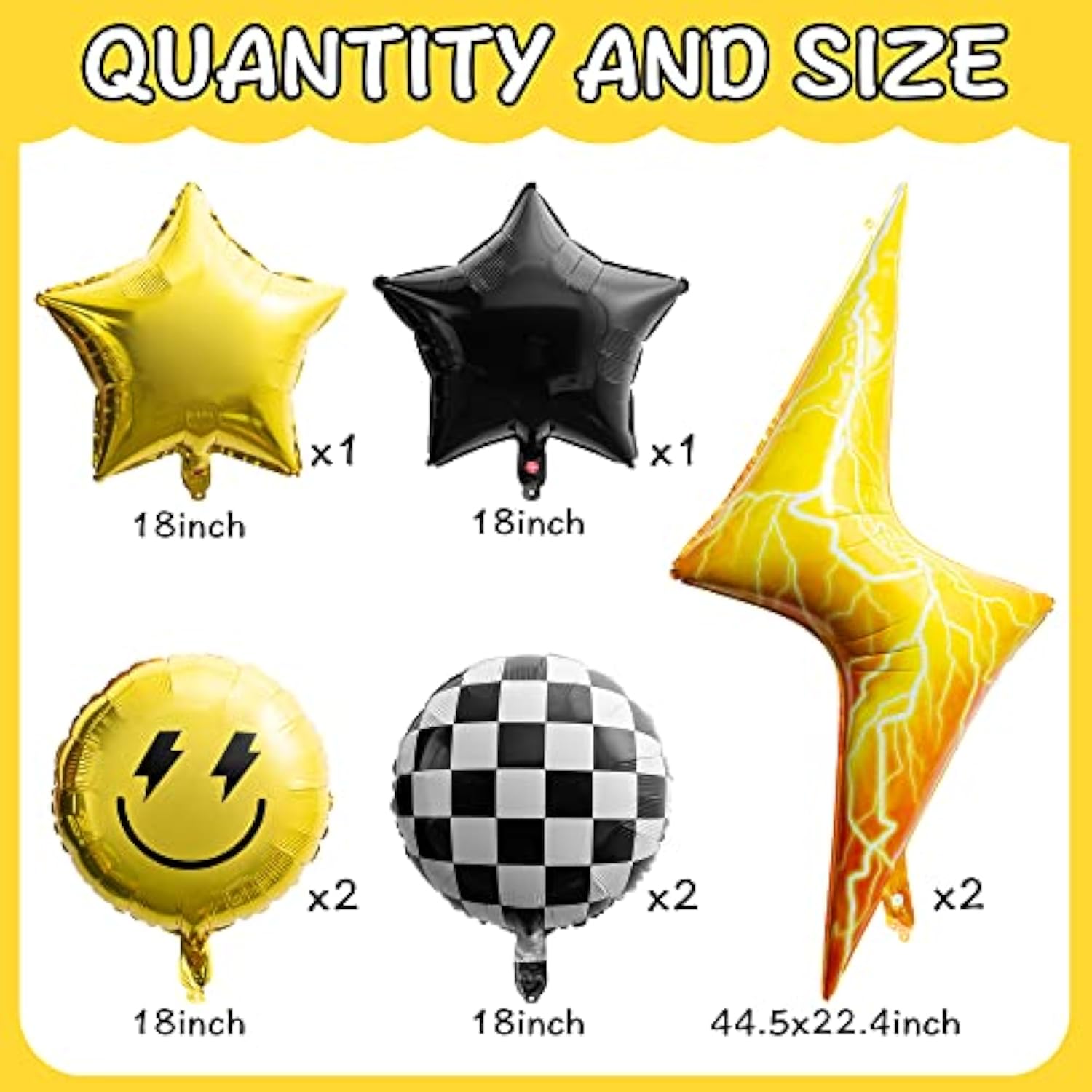 8Pcs 18" Smile Checkered Balloons – Yellow Smile & Lightning Party Decor