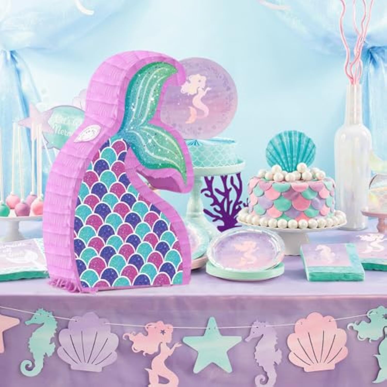 Mermaid Tail Pinata With Pinata Stick & Blindfold For Girls Mermaid Party Games Decorations Under The Sea Ocean Themed Birthday Party Supplies