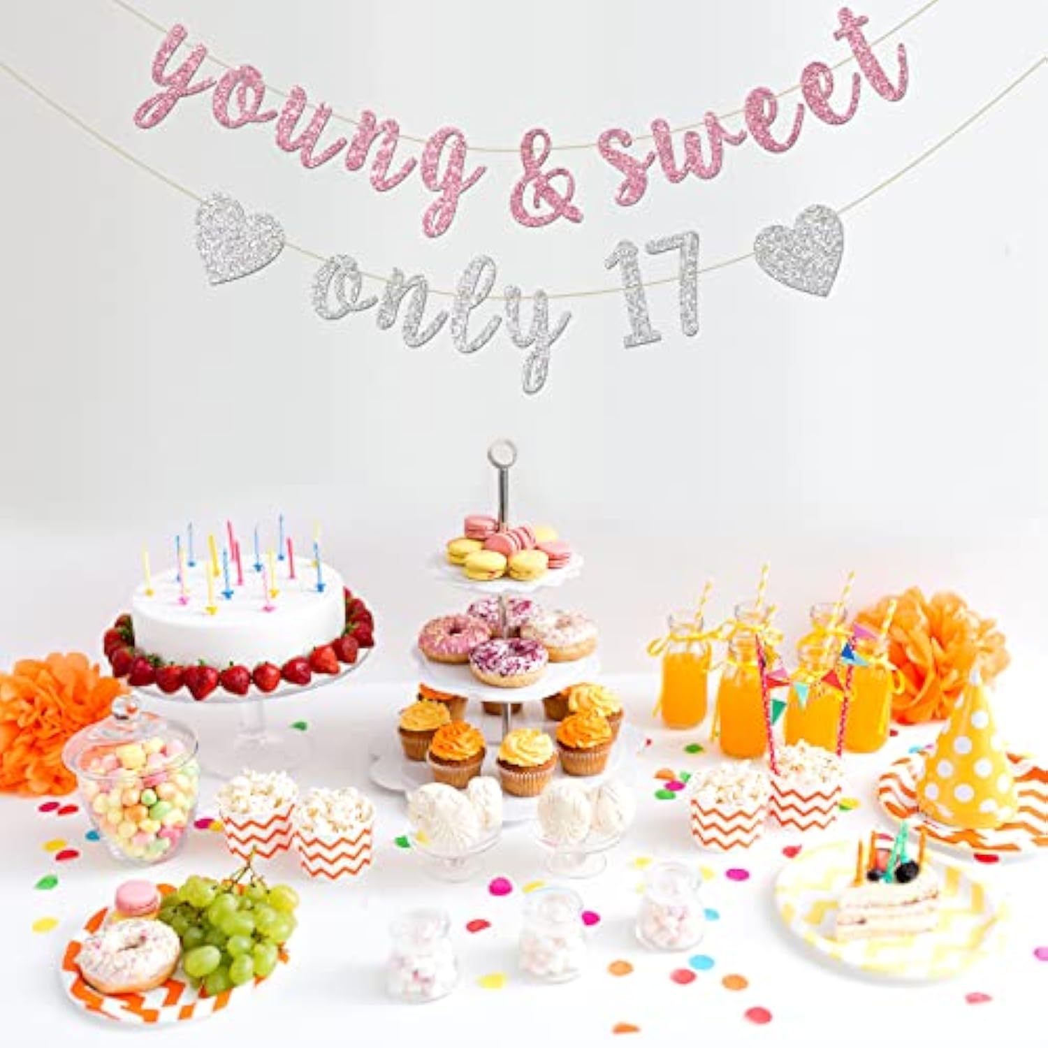 Young & Sweet Only 17 Banner - Happy 17Th Birthday Party Decor For Girls - Cheers To 17 Years Party Decorations Supplies, Pink & Silver Glitter