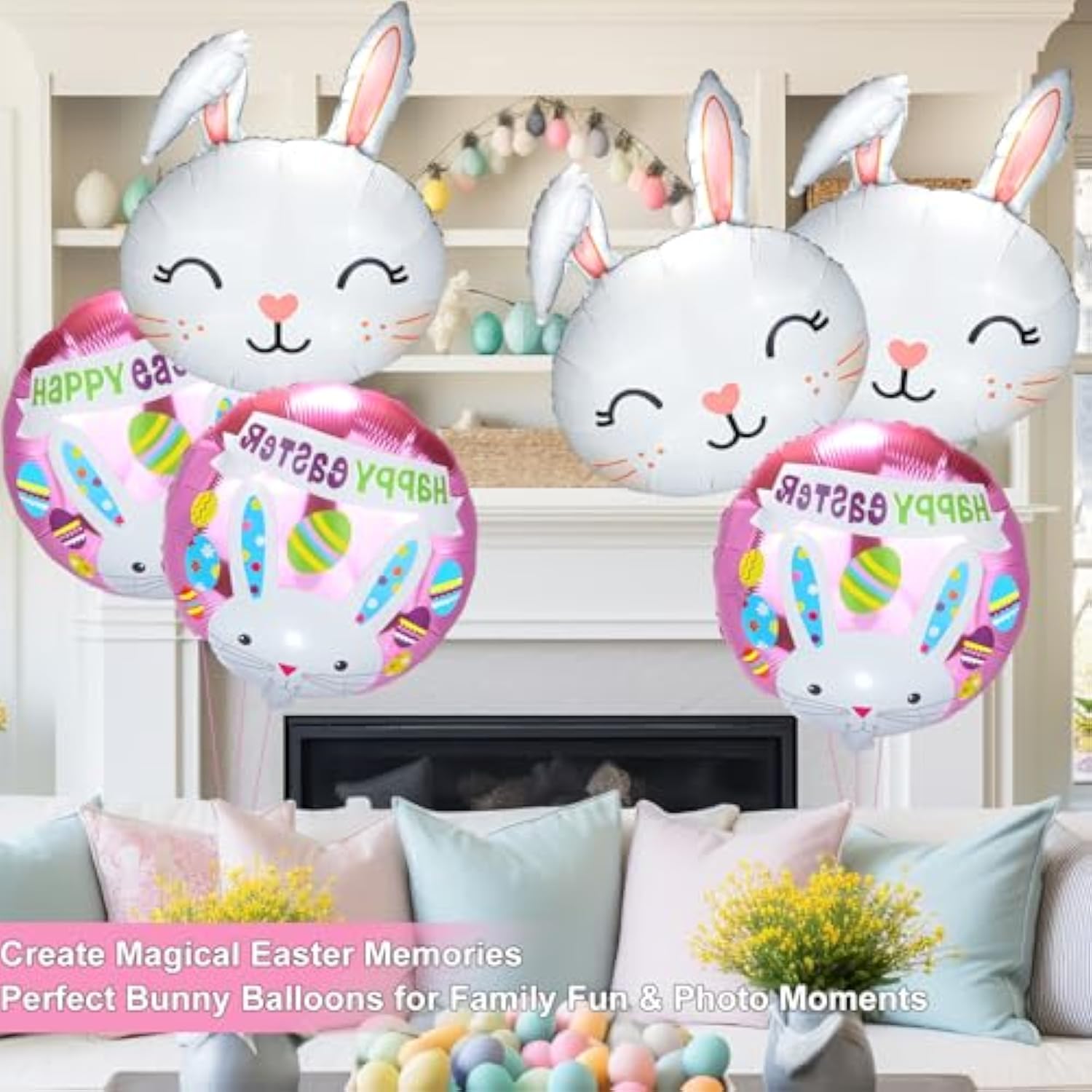 Xjyxqf Easter Bunny Balloons 6Pcs 18Inch - Bunny & Rabbit Head Foil Balloons For Easter Party Decorations, Balloon Arch Kit With Hanging String,Spring Home Backdrop Supplies (Bunny Balloons)